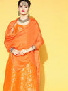 Ahika Women Orange Floral Woven Design Pure Cotton Kurta With Trousers With Dupatta Set