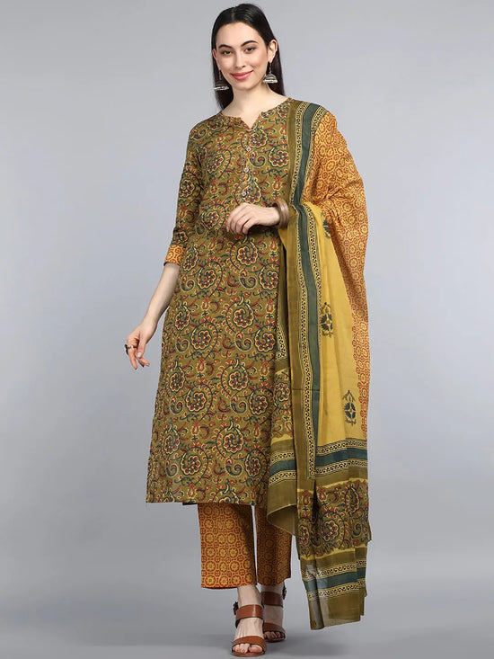 Ahika Women Green Yellow Floral Printed Pure Cotton Kurta With Trousers Dupatta Set