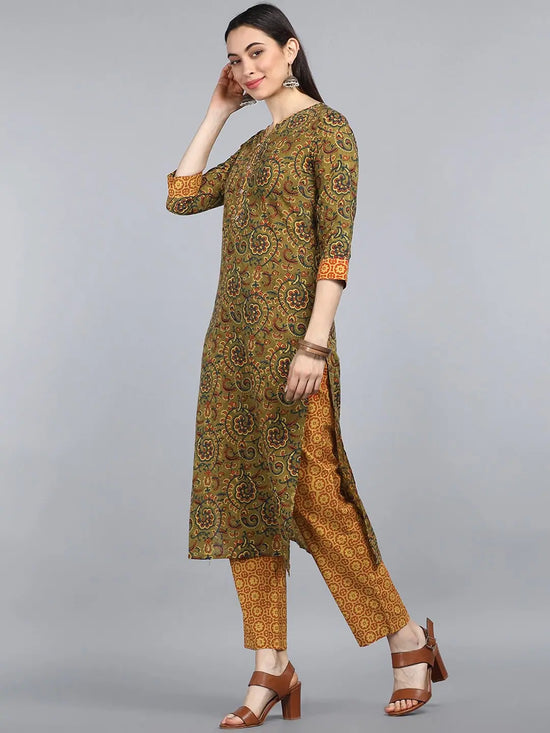 Ahika Women Green Yellow Floral Printed Pure Cotton Kurta With Trousers Dupatta Set