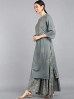 Ahika Women Grey Gold Toned Embroidered Pure Cotton Kurta With Palazzos Dupatta Set