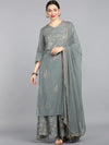 Ahika Women Grey Gold Toned Embroidered Pure Cotton Kurta With Palazzos Dupatta Set