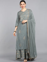 Ahika Women Grey Gold Toned Embroidered Pure Cotton Kurta With Palazzos Dupatta Set