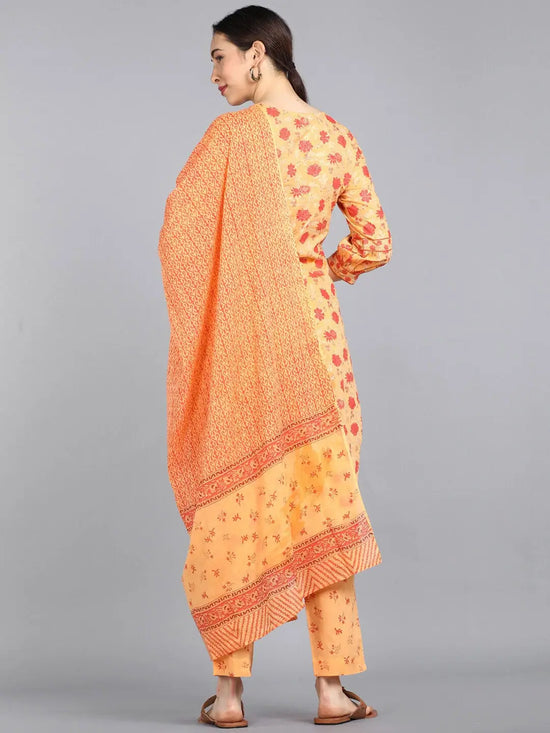 Ahika Women Orange Printed Panelled Pure Cotton Kurti With Palazzos With Dupatta Set