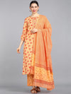 Ahika Women Orange Printed Panelled Pure Cotton Kurti With Palazzos With Dupatta Set