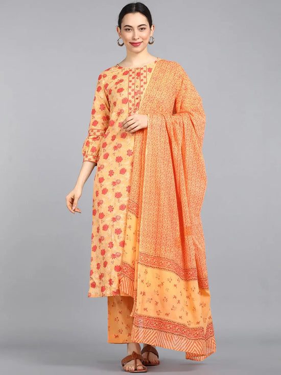 Ahika Women Orange Printed Panelled Pure Cotton Kurti With Palazzos With Dupatta Set