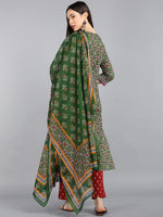 Ahika Women Green Printed Regular Pure Cotton Kurta With Trousers With Dupatta Set