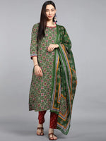 Ahika Women Green Printed Regular Pure Cotton Kurta With Trousers With Dupatta Set