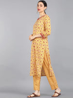 Ahika Women Yellow Pink Ethnic Motifs Printed Pure Cotton Kurta With Trousers Dupatta Set