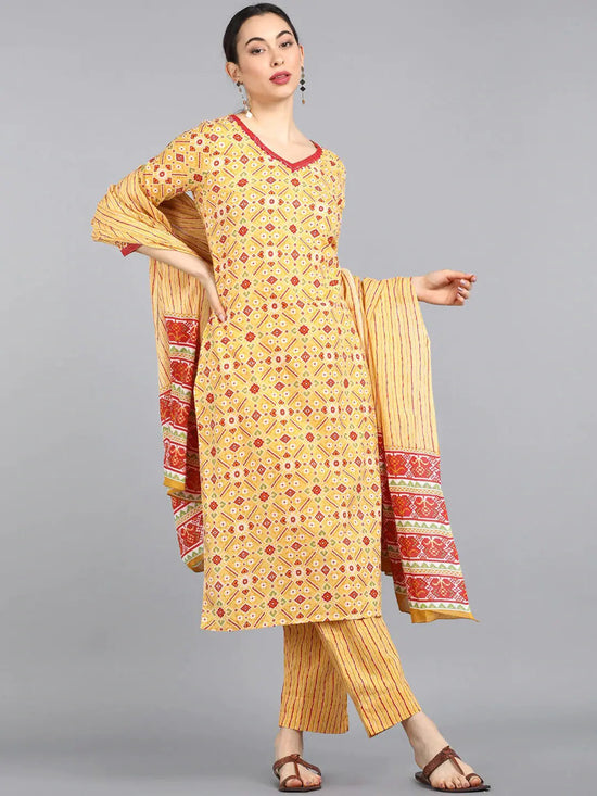 Ahika Women Yellow Pink Ethnic Motifs Printed Pure Cotton Kurta With Trousers Dupatta Set