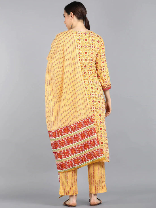 Ahika Women Yellow Pink Ethnic Motifs Printed Pure Cotton Kurta With Trousers Dupatta Set