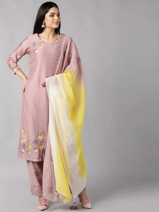 Ahika Women Mauve Yellow Floral Embroidered Regular Kurta With Trousers Dupatta Set