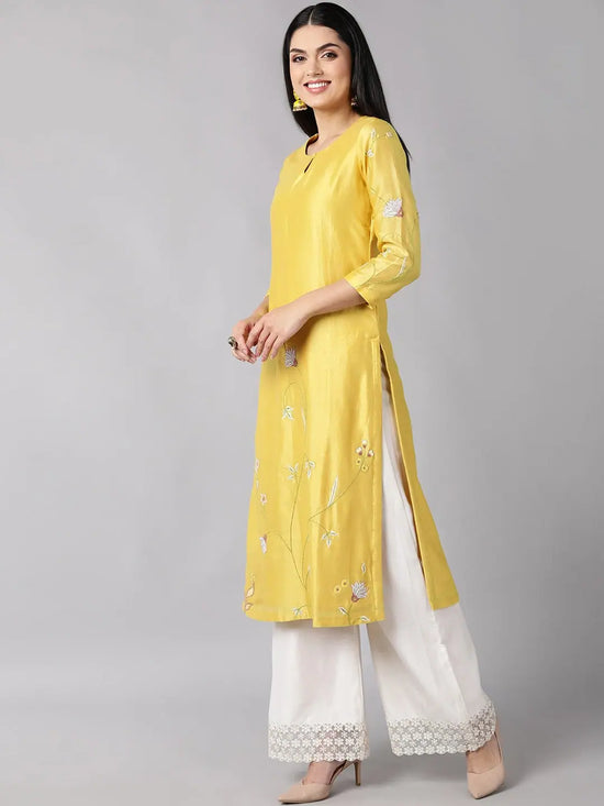 Ahika Women Yellow Ethnic Motifs Embroidered Thread Work Kurta With Trousers Dupatta Set