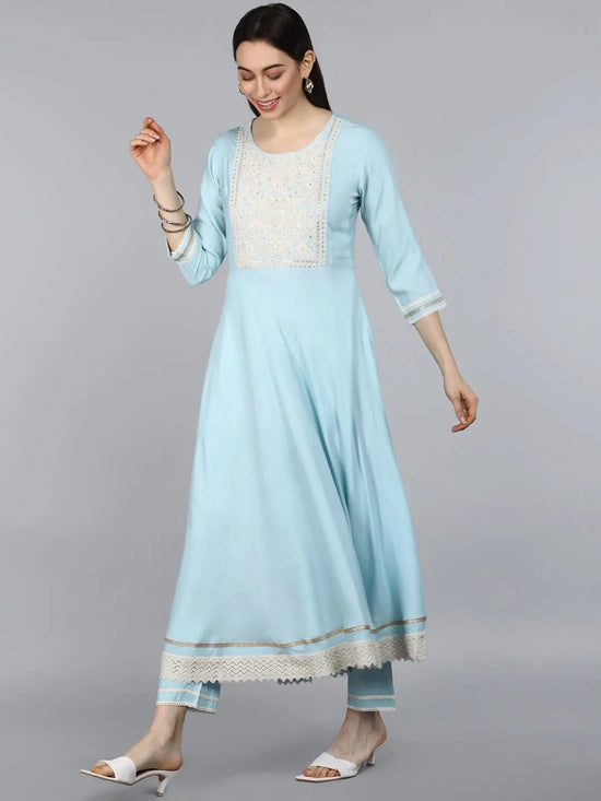 Ahika Women Blue Ethnic Motifs Pleated Pure Cotton Kurta With Trousers Dupatta