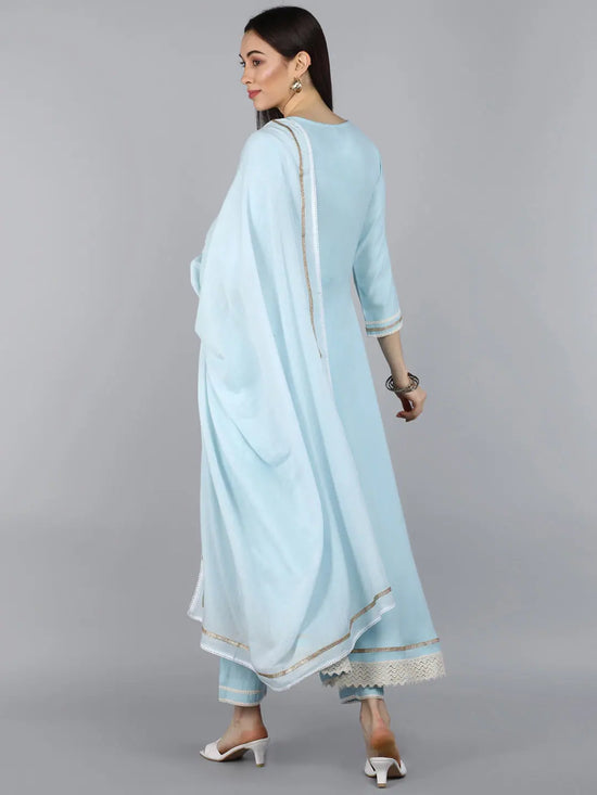 Ahika Women Blue Ethnic Motifs Pleated Pure Cotton Kurta With Trousers Dupatta