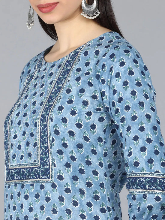 Ahika Women Blue Floral Printed Pure Cotton Kurta With Trousers With Dupatta