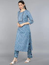 Ahika Women Blue Floral Printed Pure Cotton Kurta With Trousers With Dupatta