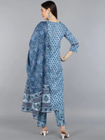 Ahika Women Blue Floral Printed Pure Cotton Kurta With Trousers With Dupatta