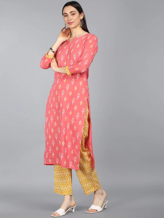 Ahika Women Peach Coloured Yellow Floral Pure Cotton Kurta With Trousers Dupatta