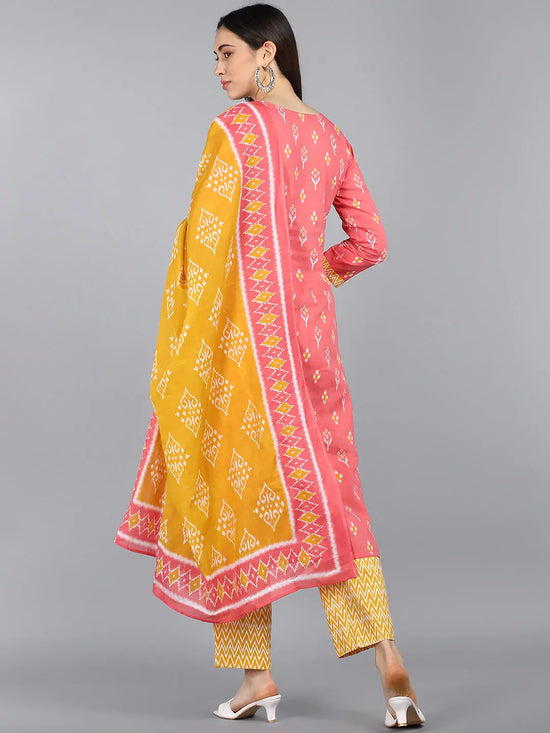 Ahika Women Peach Coloured Yellow Floral Pure Cotton Kurta With Trousers Dupatta