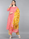 Ahika Women Peach Coloured Yellow Printed Pure Cotton Kurta With Trouser Dupatta