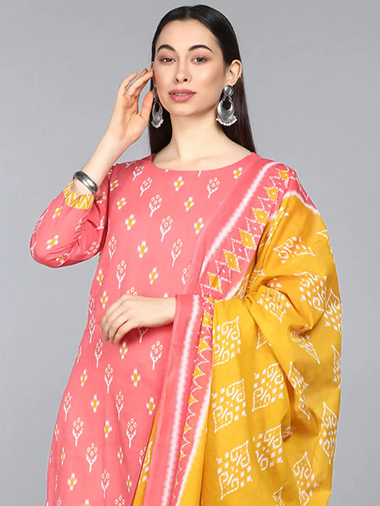 Ahika Women Peach Coloured Yellow Printed Pure Cotton Kurta With Trouser Dupatta