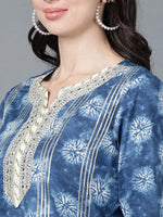 Ahika Women Blue Cotton Embroidered Kurta Sharara With Dupatta