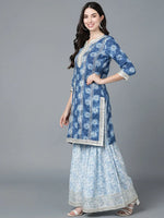 Ahika Women Blue Cotton Embroidered Kurta Sharara With Dupatta