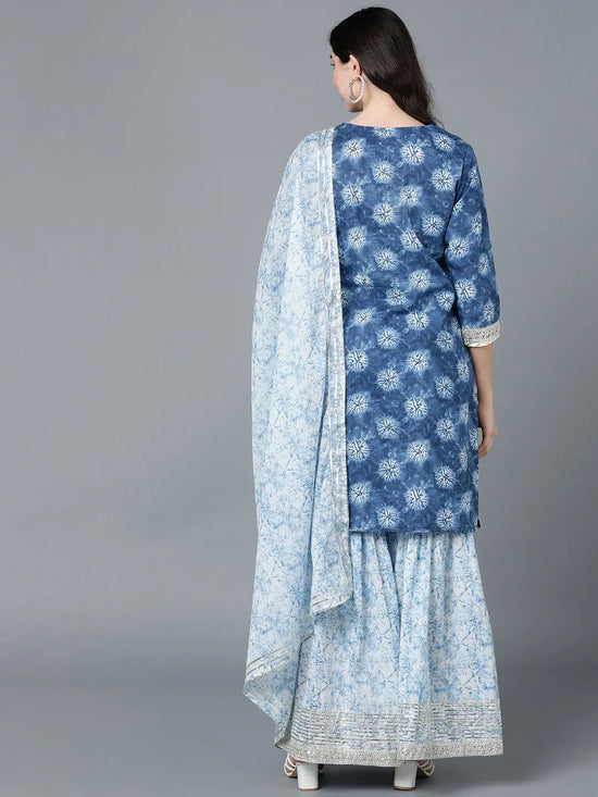 Ahika Women Blue Cotton Embroidered Kurta Sharara With Dupatta