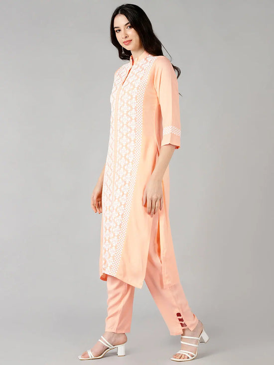 Ahika Women Peach Solid Embroidered Kurta Trousers With Dupatta