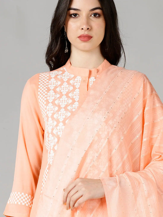 Ahika Women Peach Solid Embroidered Kurta Trousers With Dupatta