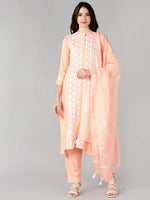 Ahika Women Peach Solid Embroidered Kurta Trousers With Dupatta