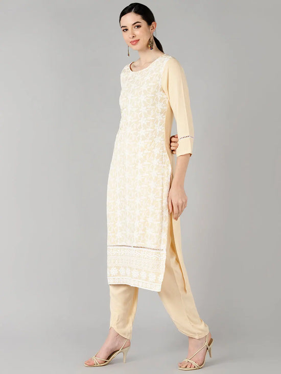 Ahika Women Beige Solid Embroidered Kurta Trousers With Dupatta-VKSKD1340_L