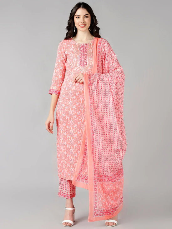 Ahika Women Peach Printed Kurta Trousers With Dupatta 1