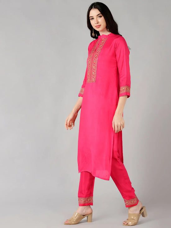 Ahika Women Pink Solid Embroidered Kurta Trousers With Dupatta Vkskd1345