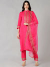 Ahika Women Pink Solid Embroidered Kurta Trousers With Dupatta Vkskd1345