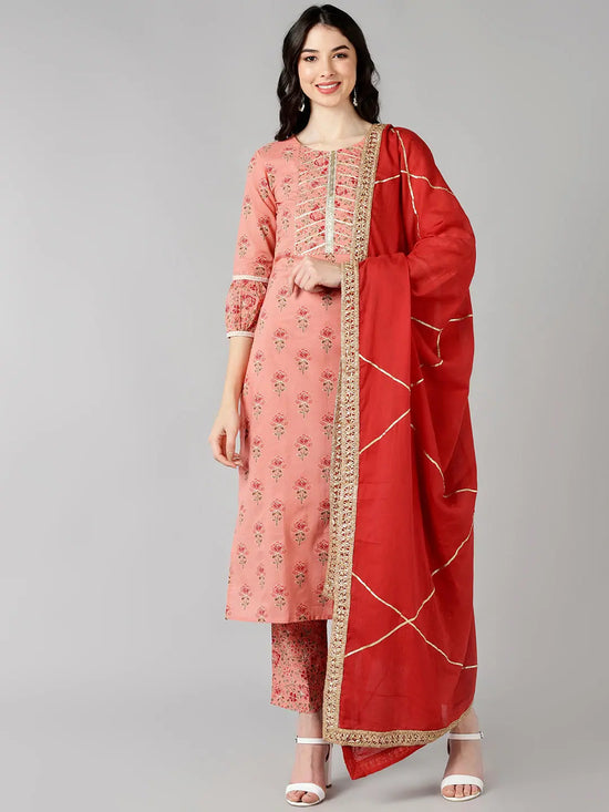 Ahika Women Peach Printed Kurta Trousers With Dupatta