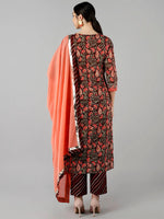 Ahika Women Brown Striped Printed Kurta Trousers With Dupatta