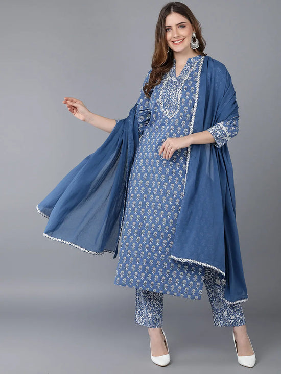 Ahika Women Blue Cotton Printed Kurta Trousers With Dupatta