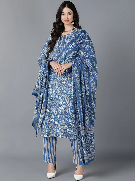 Ahika Women Blue Cotton Printed Kurta Trouser With Dupatta