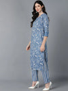 Ahika Women Blue Cotton Printed Kurta Trouser With Dupatta