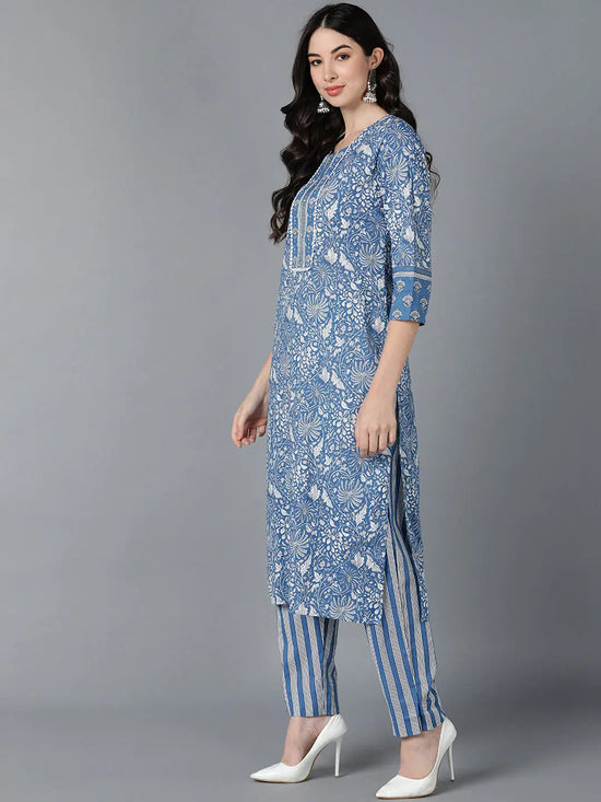 Ahika Women Blue Cotton Printed Kurta Trouser With Dupatta