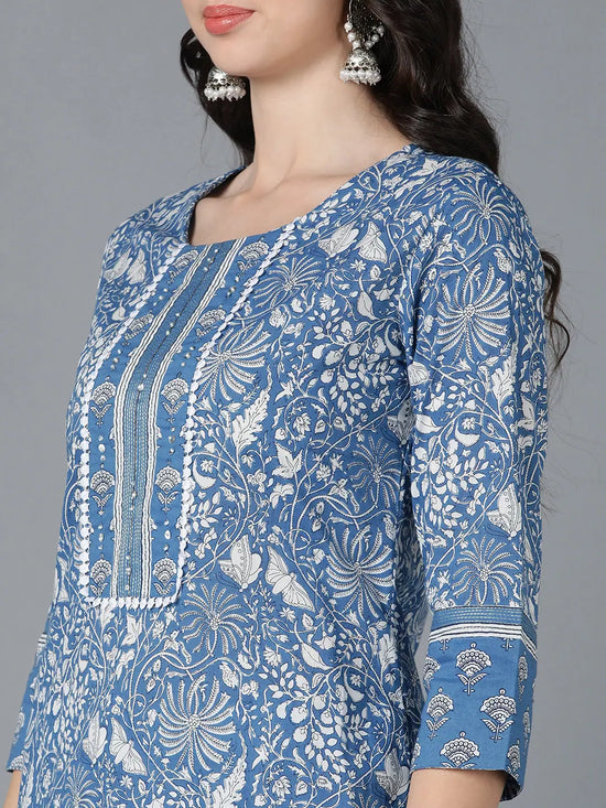 Ahika Women Blue Cotton Printed Kurta Trouser With Dupatta