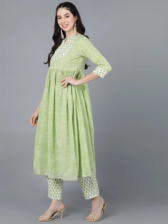 Ahika Women Green Pure Cotton Printed Kurta Trousers With Dupatta