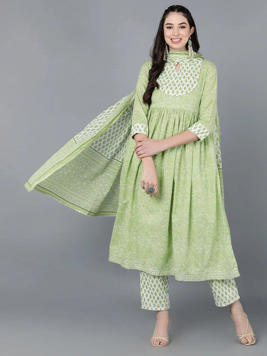 Ahika Women Green Pure Cotton Printed Kurta Trousers With Dupatta