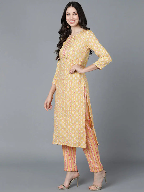 Ahika Women Yellow Cotton Printed Kurta Trousers With Dupatta