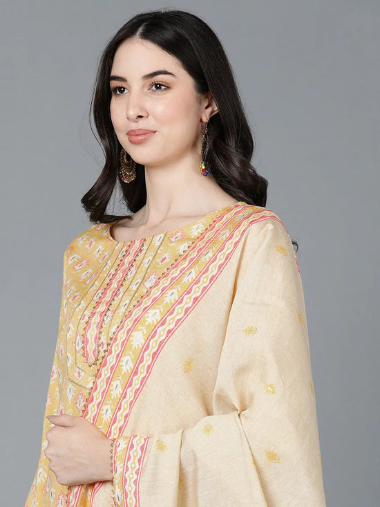 Ahika Women Yellow Cotton Printed Kurta Trousers With Dupatta