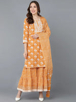 Ahika Women Orange Pure Cotton Kurta Sharara With Dupatta