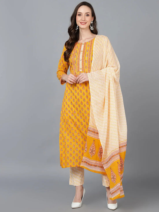 Ahika Women Mustard Pure Cotton Floral Printed Kurta Trousers With Dupatta