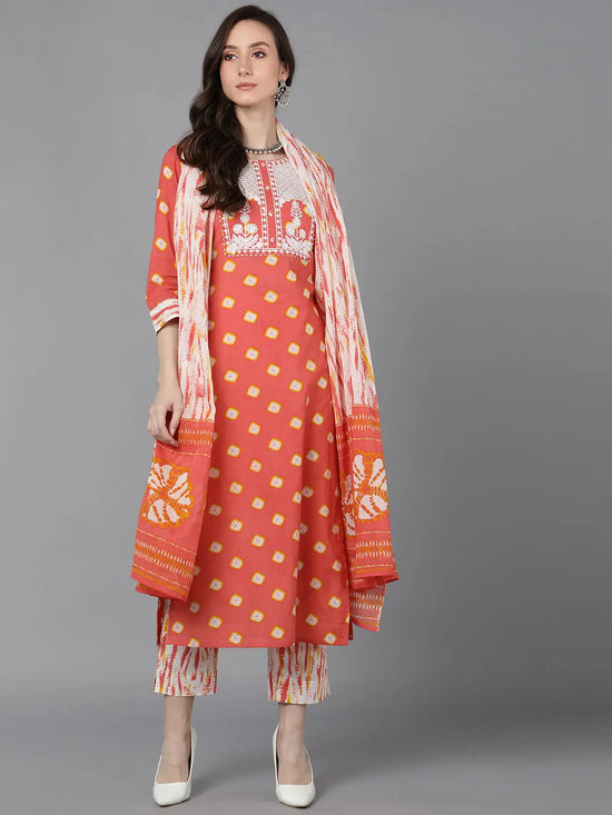 Ahika Women Orange Pure Cotton Bandhani Printed Kurta Trousers With Dupatta