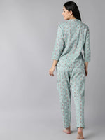 Ahika Women Teal Green White Pure Cotton Printed Night Suit